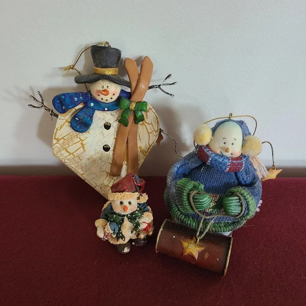 Vintage Christmas Holiday Winter Christmas Ornaments & Shelf Snowmen Set of 3